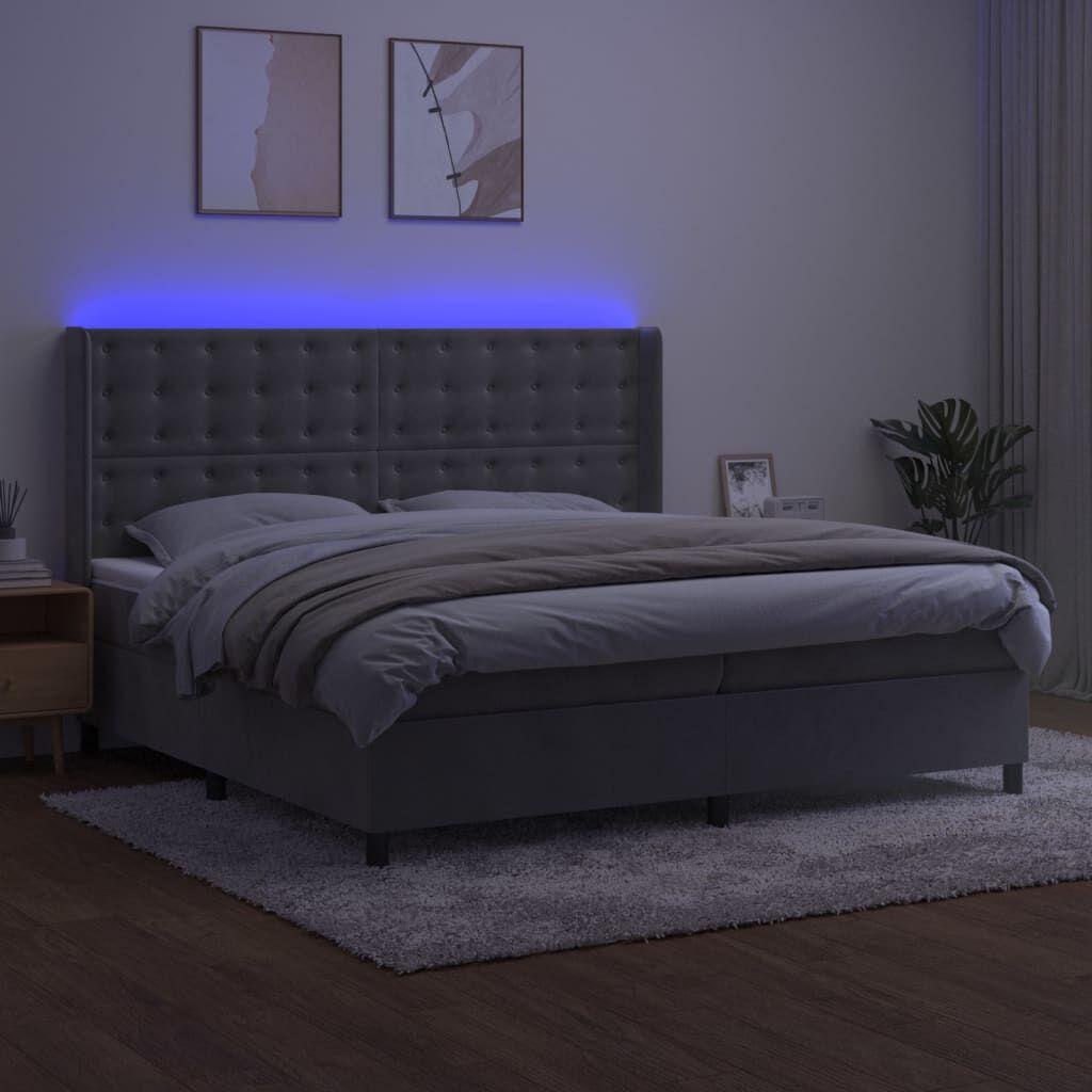 vidaXL Κρεβάτι Boxspring με Στρώμα & LED Αν.Γκρι 200x200 εκ. Βελούδινο