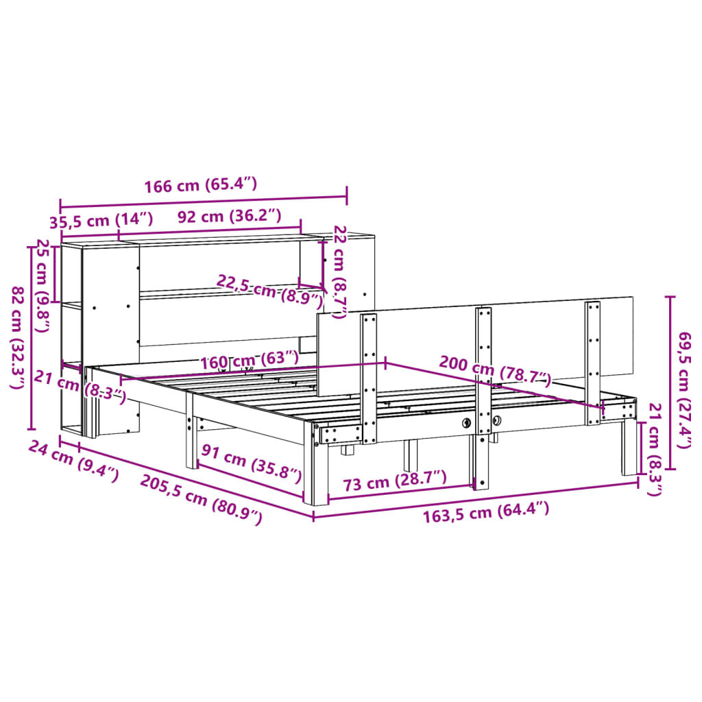 vidaXL Κρεβάτι Βιβλιοθήκη Χωρίς Στρώμα 160x200 εκ Μασίφ Ξύλο Πεύκου