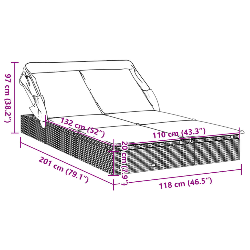 vidaXL Ξαπλώστρα 2 Ατόμων Πτυσ. Οροφή Μαύρη 213x118x97 εκ Συνθ. Ρατάν