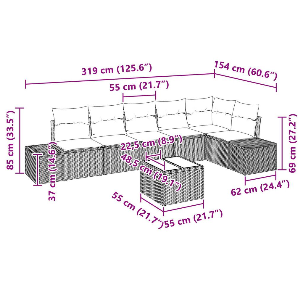 vidaXL Σετ Καναπέ Κήπου με μαξιλάρι 7 pcs Μαύρο Πολυ ράταν