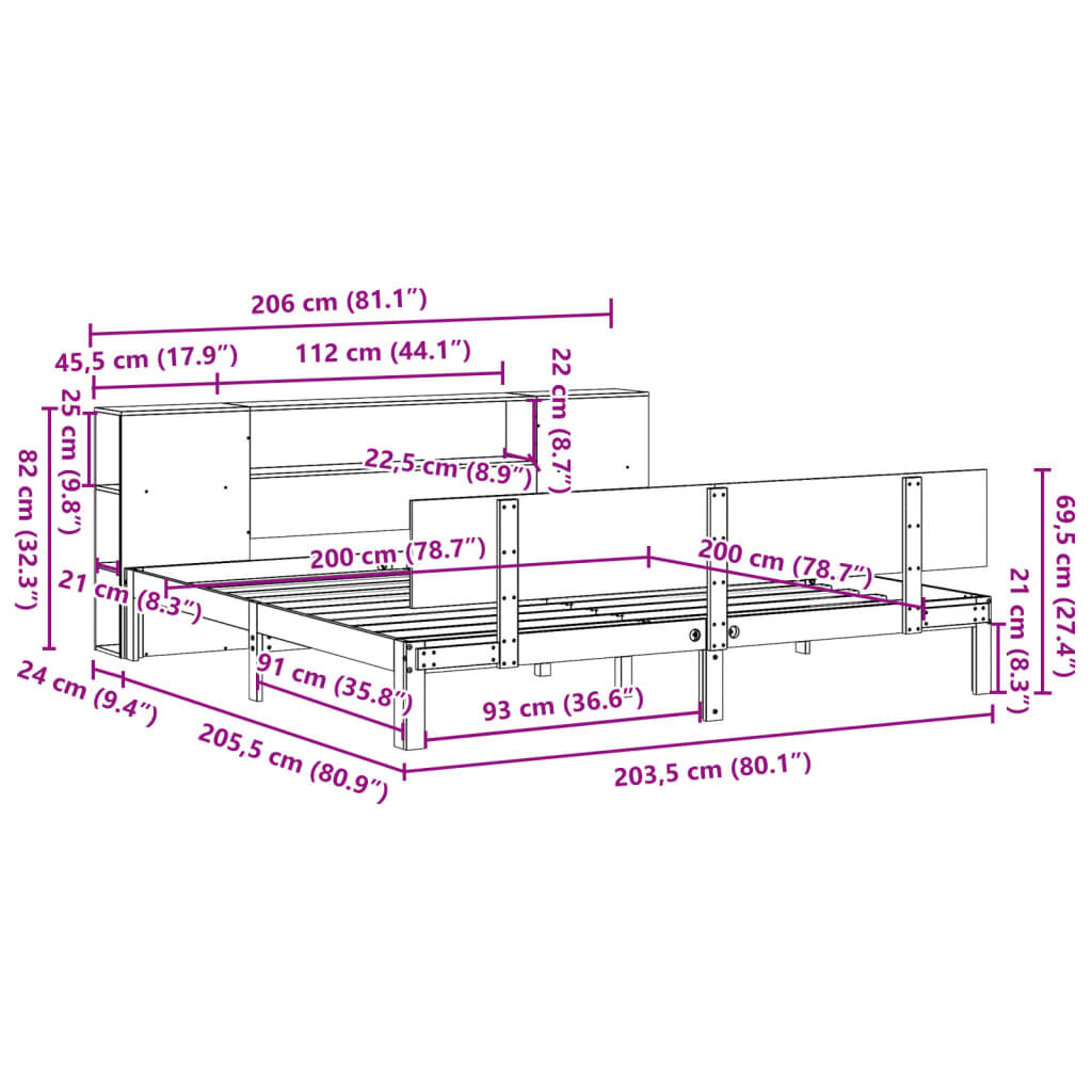 vidaXL Κρεβάτι Βιβλιοθήκη Χωρίς Στρώμα 200x200 εκ Μασίφ Ξύλο Πεύκου