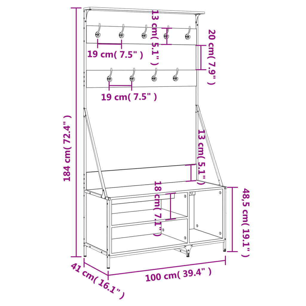 vidaXL Κρεμάστρα Ρούχων με Παπουτσοθήκη Γκρι Sonoma 100 x 41 x 184 εκ.