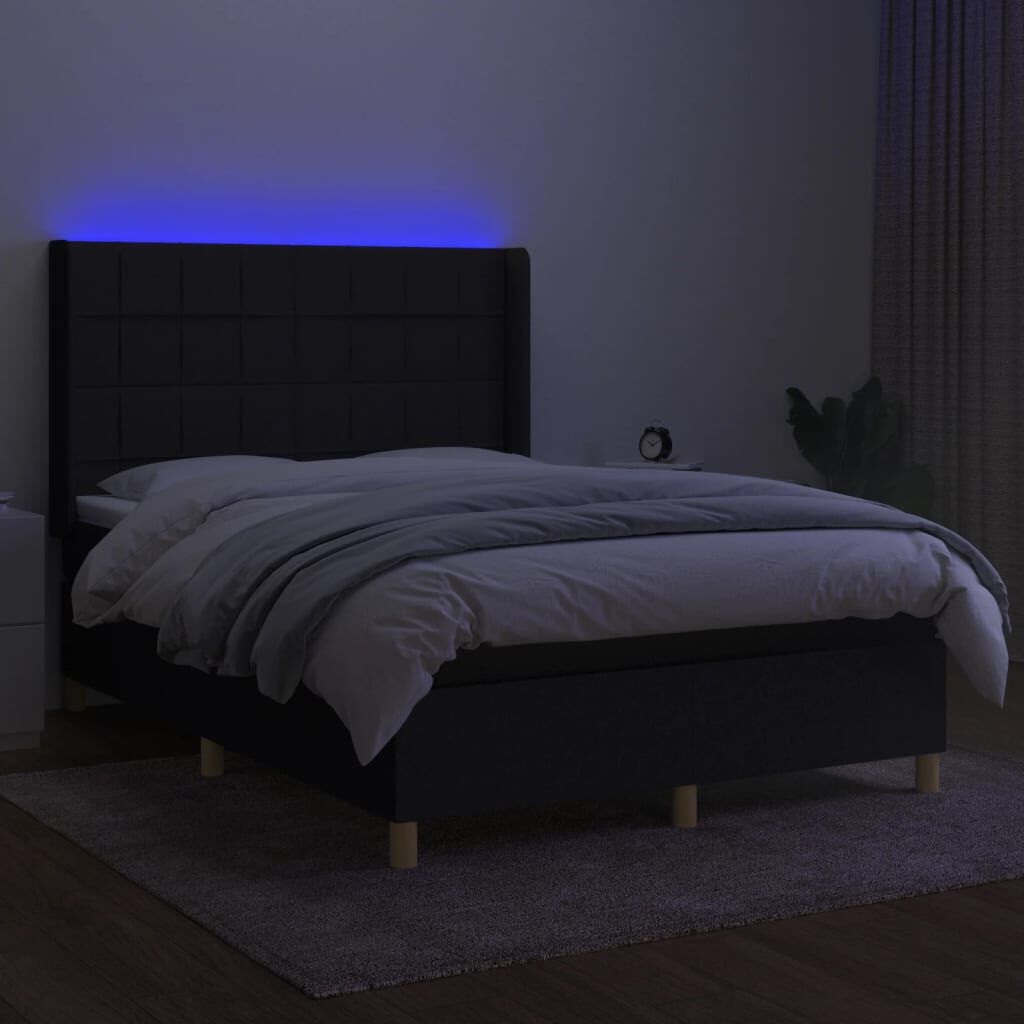 vidaXL Κρεβάτι Boxspring με Στρώμα & LED Μαύρο 140x200 εκ. Υφασμάτινο