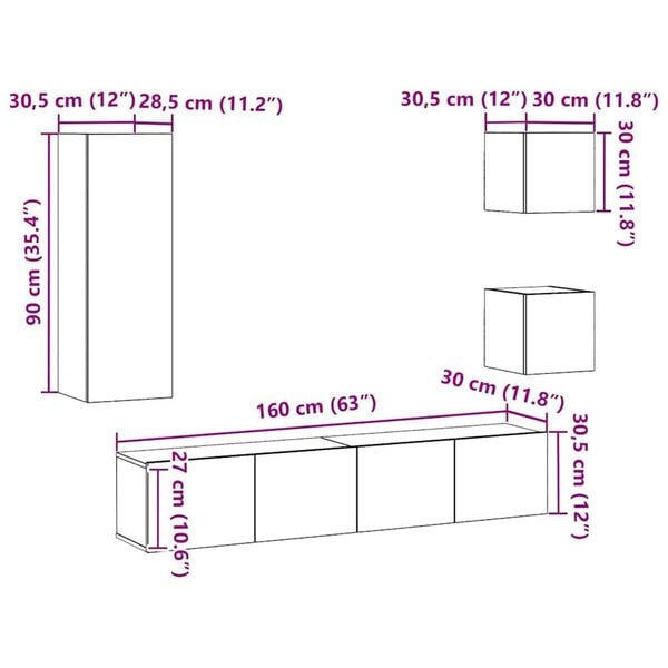 vidaXL Σετ επίπλου τηλεόρασης 5 pcs Μαύρη δρυς Επεξεργασμένο ξύλο