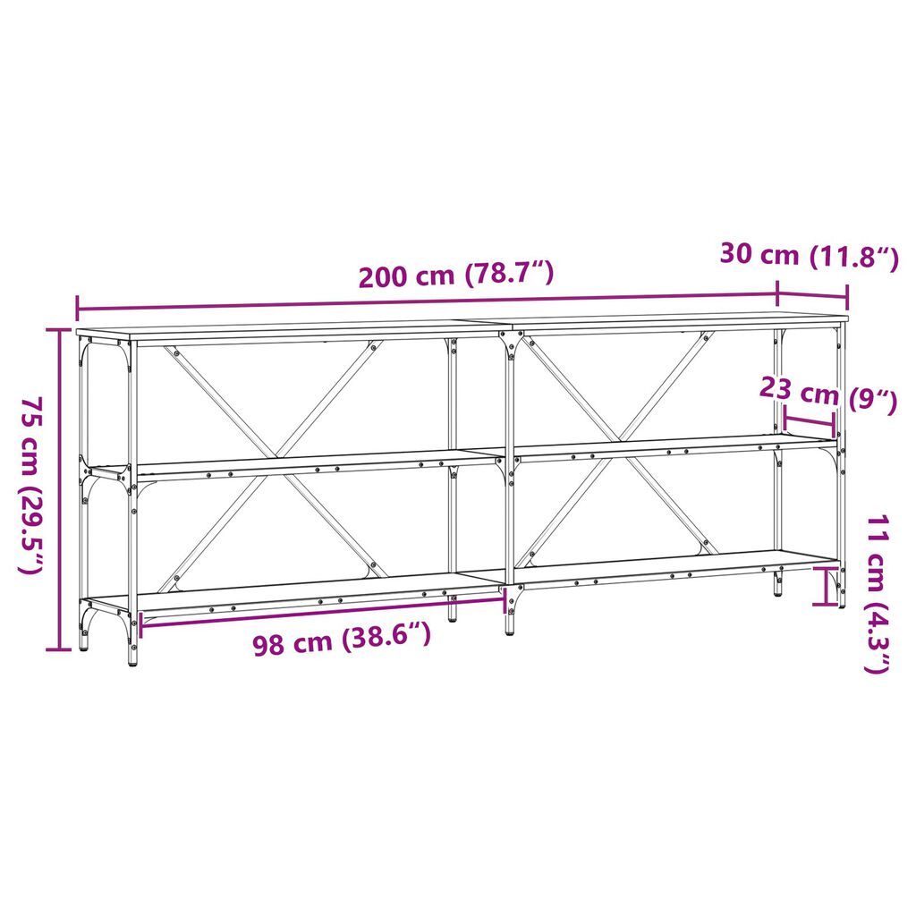 vidaXL Τραπέζι κονσόλας από ξύλο δρυός 200x30x75 εκ. από εξελιγμένο ξύλο και ατσάλι