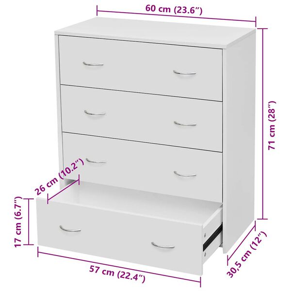 vidaXL Συρταριέρα με 4 Συρτάρια Λευκή 60 x 30,5 x 71 εκ.