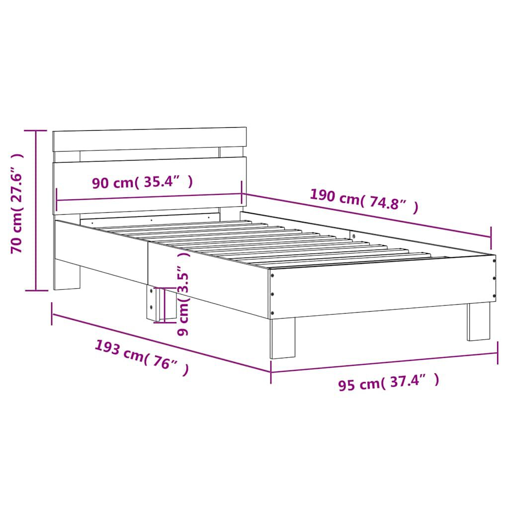 vidaXL Πλαίσιο Κρεβατιού με Κεφαλάρι και LED 90 x 190 εκ.