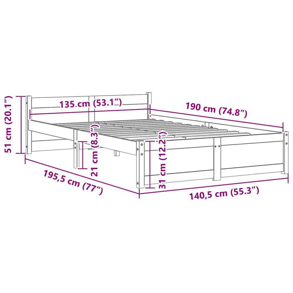 vidaXL Πλαίσιο Κρεβατιού 135 x 190 εκ. από Μασίφ Ξύλο Double