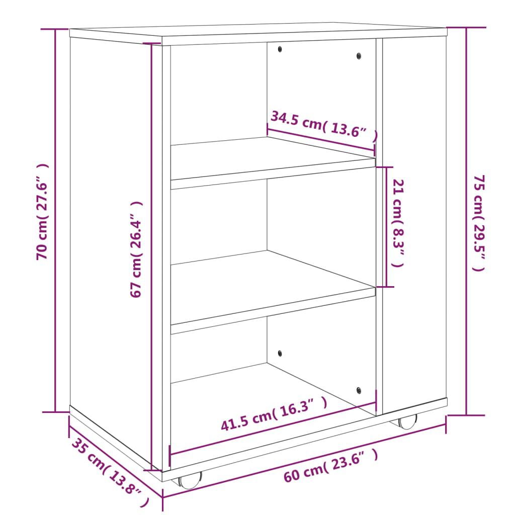 vidaXL Ντουλάπι Με Ροδάκια Καφέ Δρυς 60 x 35 x 75 εκ. Επεξεργ. Ξύλο