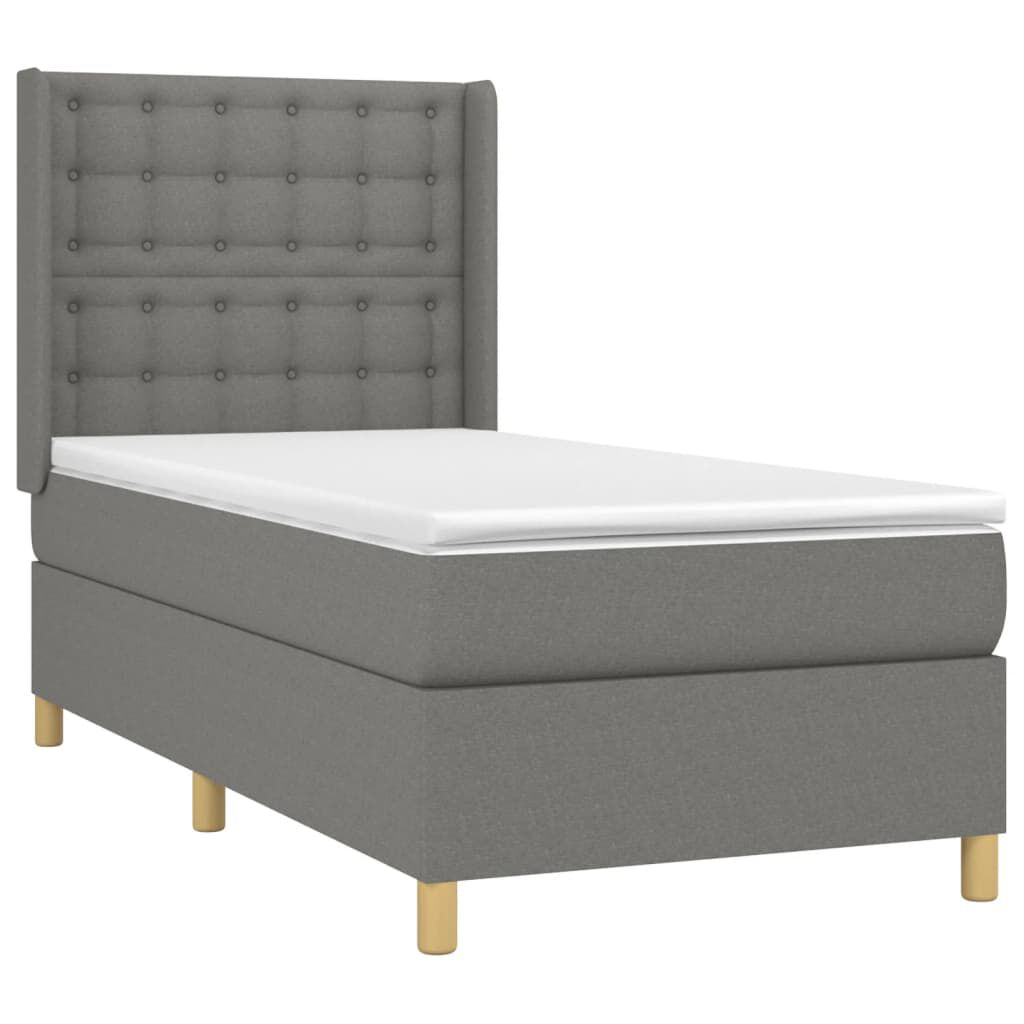 vidaXL Κρεβάτι Boxspring με Στρώμα & LED Σκ.Γκρι 90x200 εκ. Υφασμάτινο