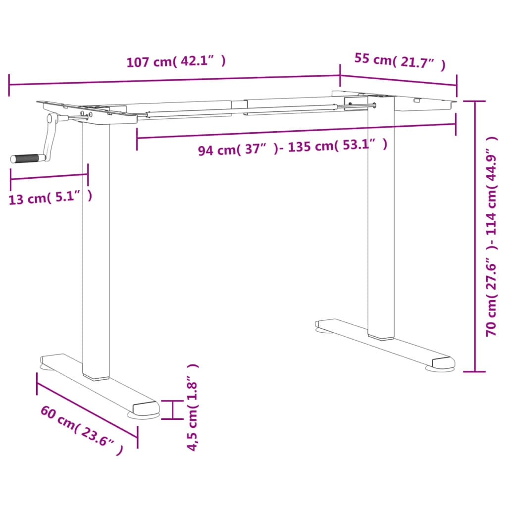 vidaXL Σκελετός Όρθιου Γραφείου Μαύρος (94-135)x60x(70-114) εκ. Ατσάλι