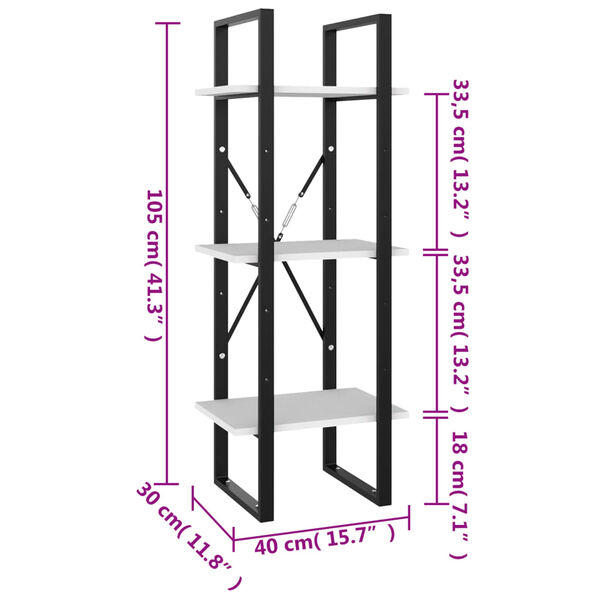 vidaXL Βιβλιοθήκη με 3 Ράφια Λευκή 40 x 30 x 105 εκ. από Επεξ. Ξύλο