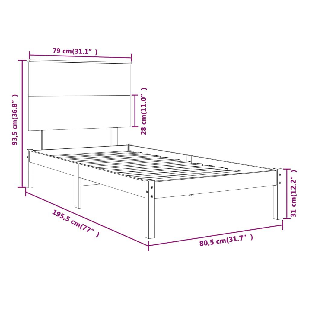 vidaXL Πλαίσιο Κρεβατιού 75 x 190 εκ. από Μασίφ Ξύλο Small Single
