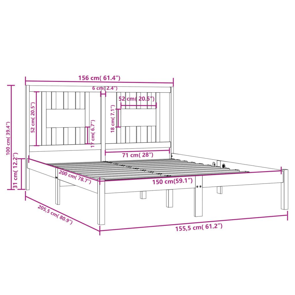 vidaXL Πλαίσιο Κρεβατιού Γκρι 150 x 200 εκ. Μασίφ Ξύλο King Size