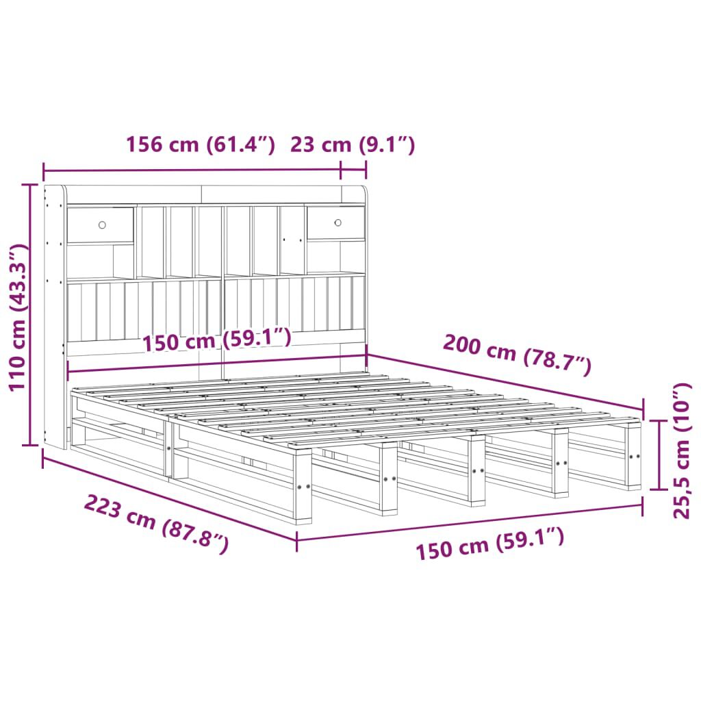 vidaXL Κρεβάτι Βιβλιοθήκη Χωρίς Στρώμα 150x200 εκ Μασίφ Ξύλο Πεύκου