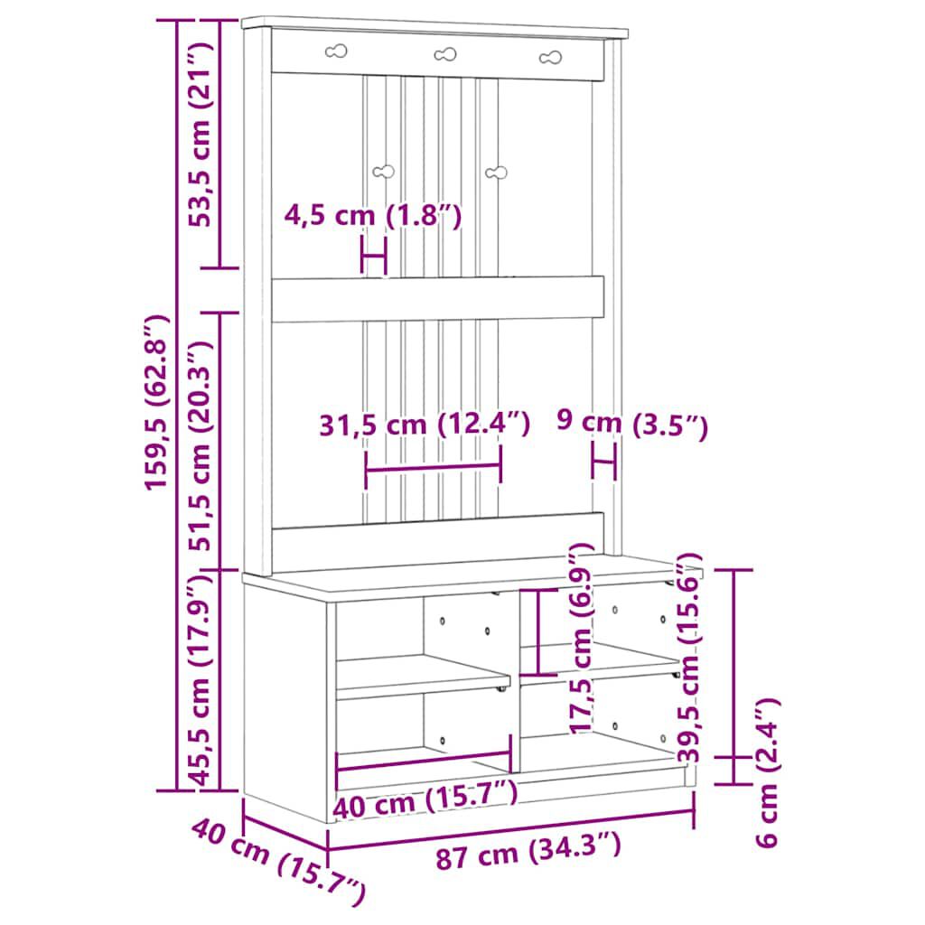 vidaXL Δέντρο χωλ SANDENS Λευκό 87x40x159,5 εκ. Πεύκο μασίφ ξύλο