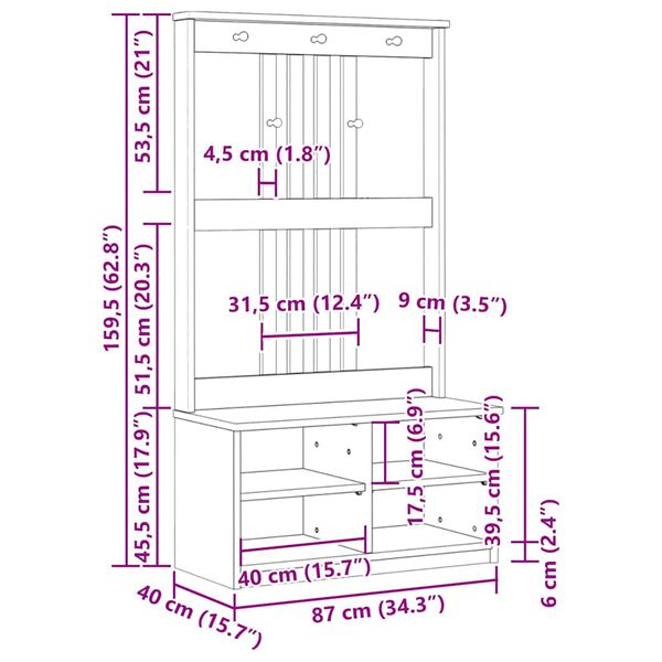 vidaXL Δέντρο χωλ SANDNES Λευκό 87x40x159,5 εκ. Πεύκο μασίφ ξύλο
