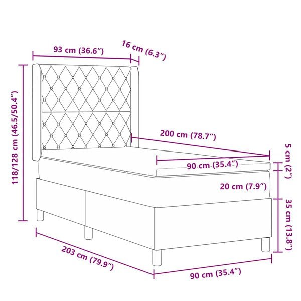 vidaXL Κρεβάτι Box Spring LED με Στρώμα Argyle Σκούρο γκρι 90 x 200 cm