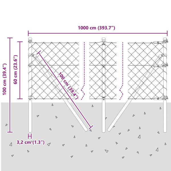 vidaXL Περίφραξη Αλυσίδας με 7 Στήλες 0.6x10 μ Γαλβανισμένος Χάλυβας