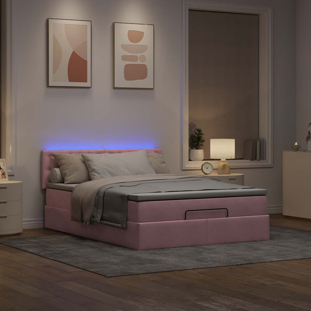 vidaXL Οθωμανικό κρεβάτι με στρώμα & LEDs Ροζ 140x190cm Velvet