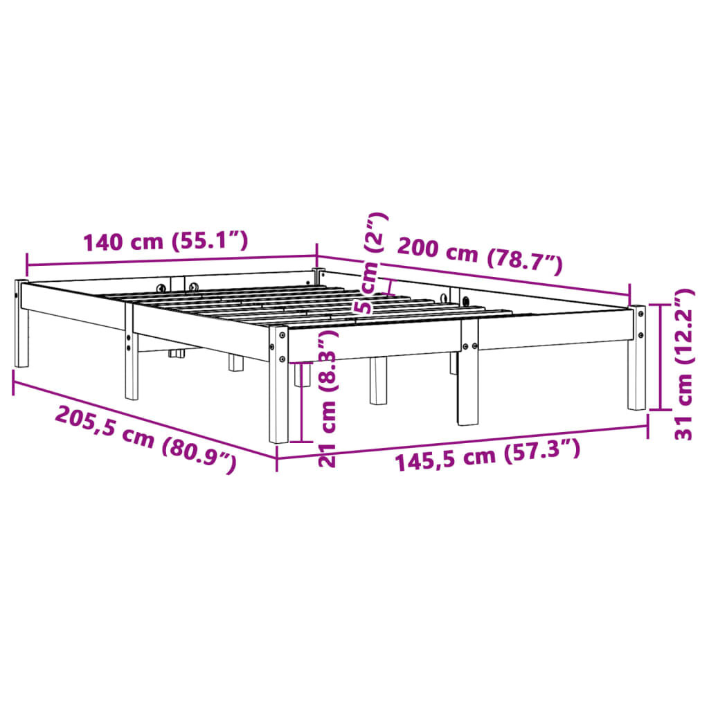 vidaXL Σκελετός Κρεβατιού Χωρίς Στρώμα Καφέ 140x200 Μασίφ Ξύλο Πεύκου