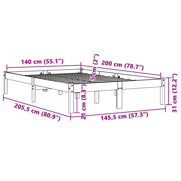 vidaXL Σκελετός Κρεβατιού Χωρίς Στρώμα Καφέ 140x200 Μασίφ Ξύλο Πεύκου