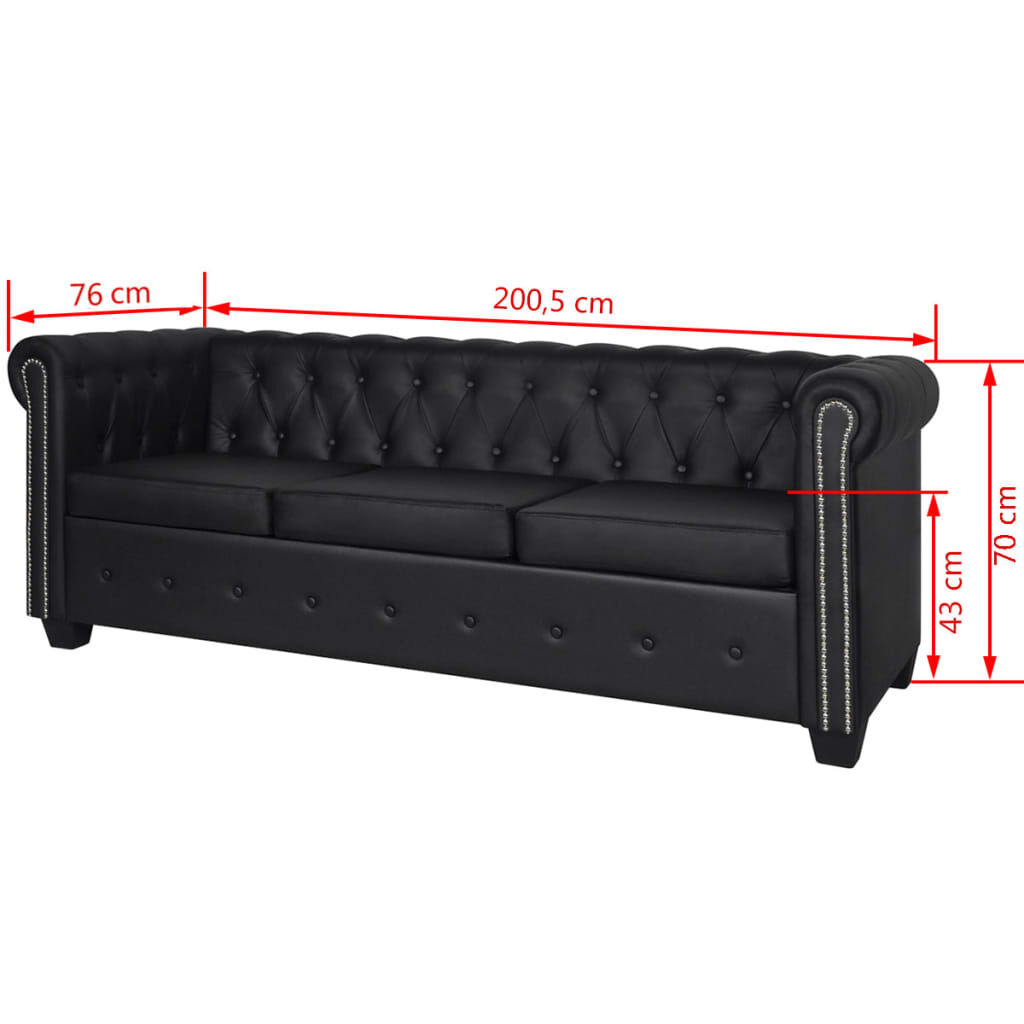 vidaXL Καναπές Τριθέσιος Chesterfield Μαύρος από Συνθετικό Δέρμα