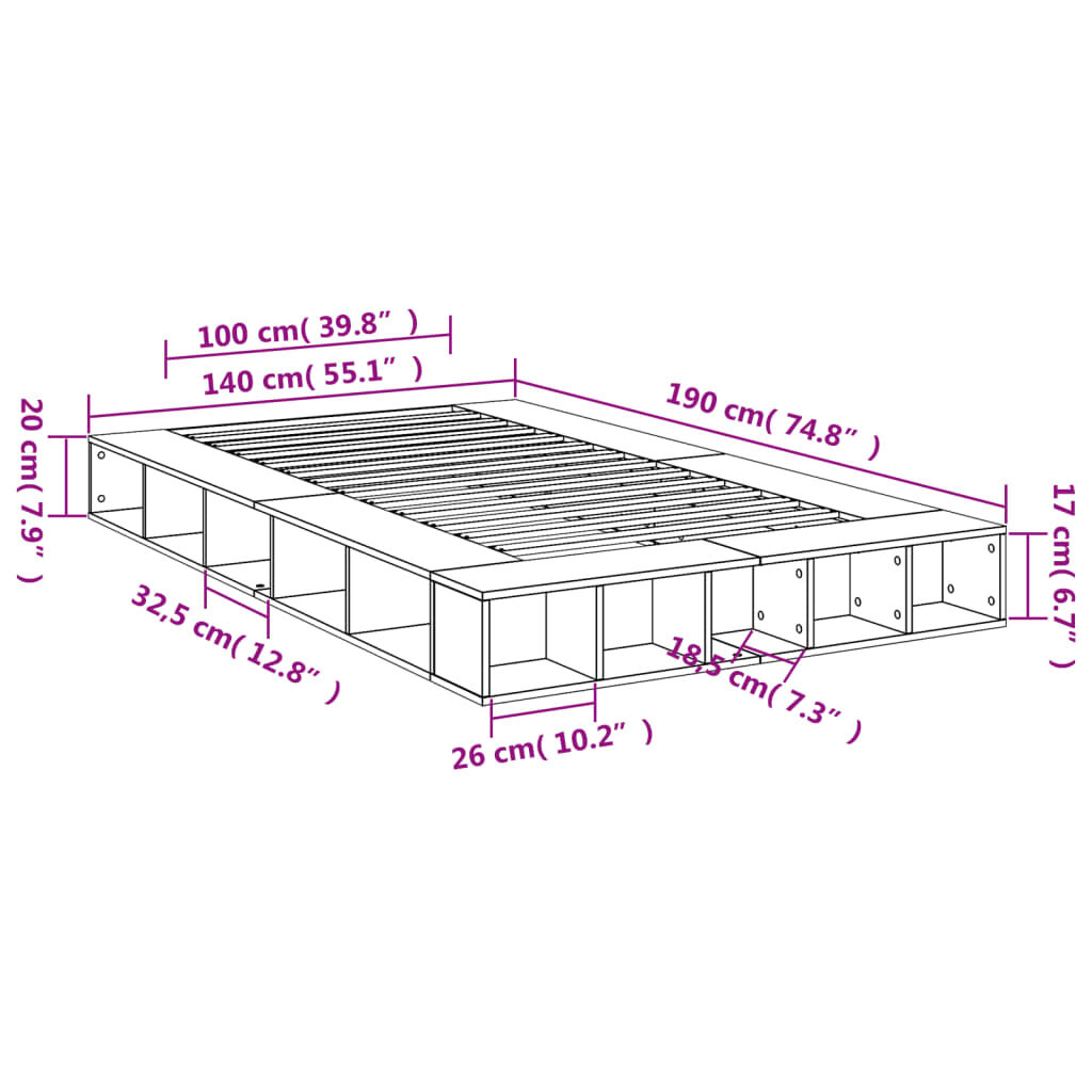 vidaXL Πλαίσιο Κρεβατιού Γκρι Sonoma 140x190 εκ. Επεξεργασμένο Ξύλο
