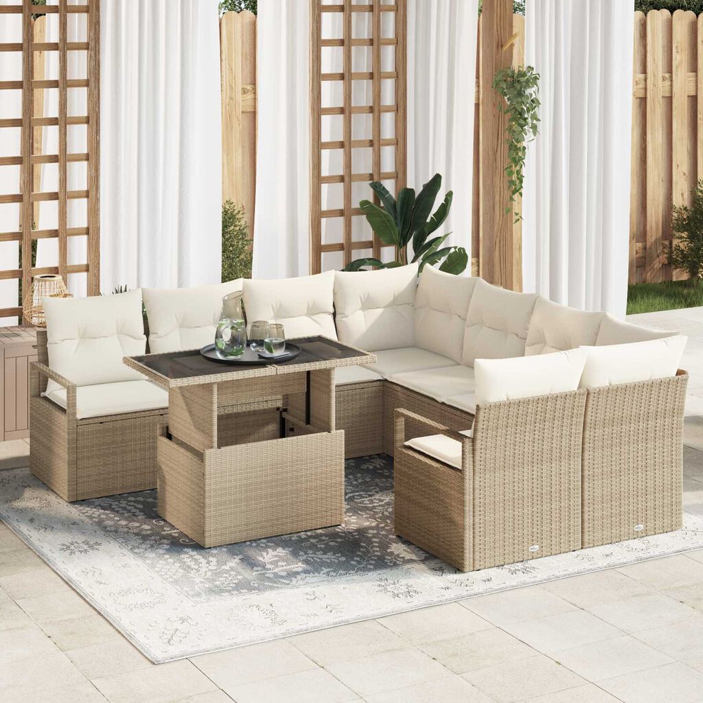 vidaXL Σετ Καναπέ Κήπου με αποθήκευση 9 pcs Μπεζ Πολυ ράταν