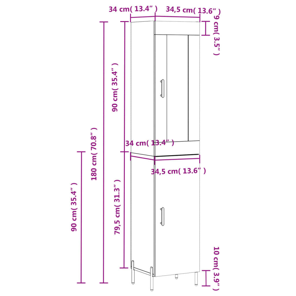 vidaXL Ντουλάπι Λευκό 34,5 x 34 x 180 εκ. από Επεξεργασμένο Ξύλο