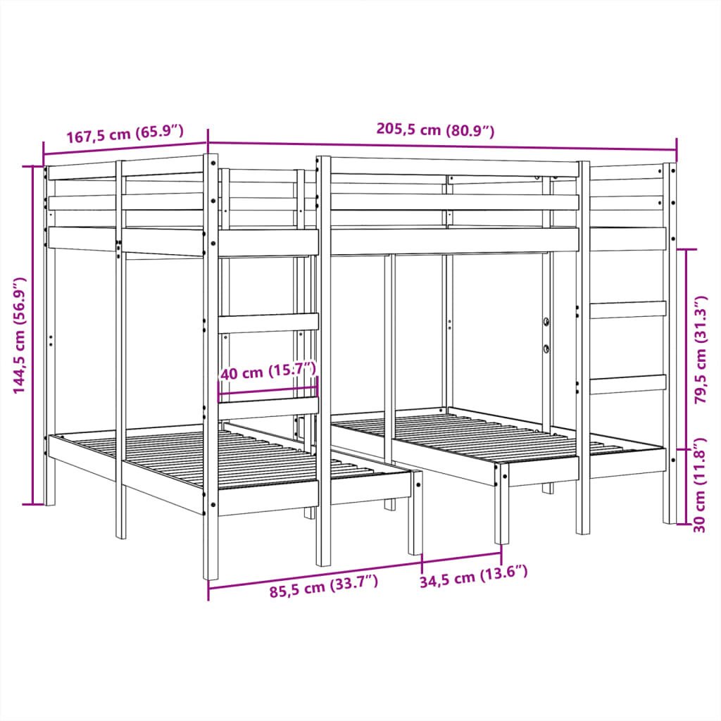 vidaXL Σκελετός Τριπλής Κουκέτας 160x200/80x160 εκ. Μασίφ Πεύκο