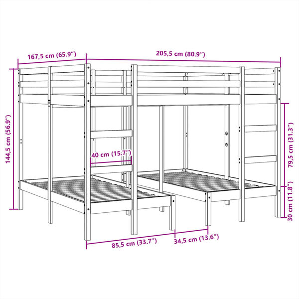 vidaXL Σκελετός Τριπλής Κουκέτας 160x200/80x160 εκ. Μασίφ Πεύκο