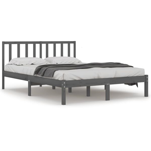 vidaXL Πλαίσιο Κρεβατιού Γκρι 135 x 190 εκ. Μασίφ Ξύλο Πεύκου Double