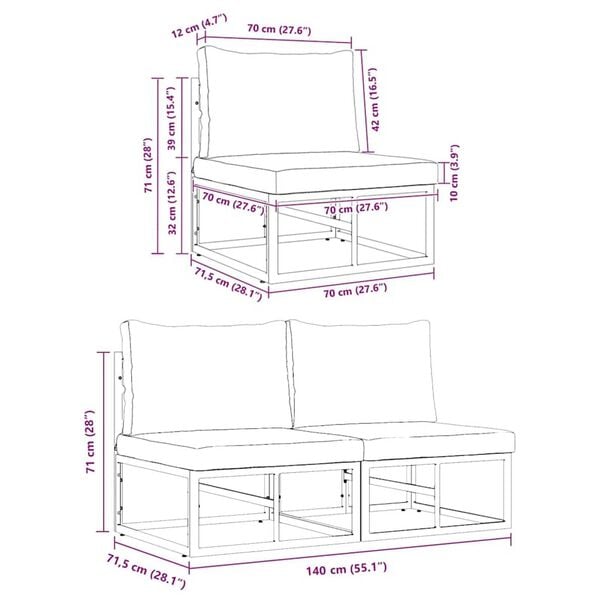 vidaXL Εξωτερικά Έπιπλα με μαξιλάρι με μαξιλάρι 2 pcs Μαύρο Αλουμίνιο