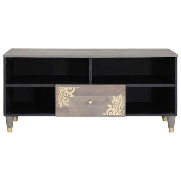 vidaXL Ντουλάπι TV Γκρι και Χρυσό 100 x 33.5 x 46 εκ Μασίφ ξύλο μάνγκο