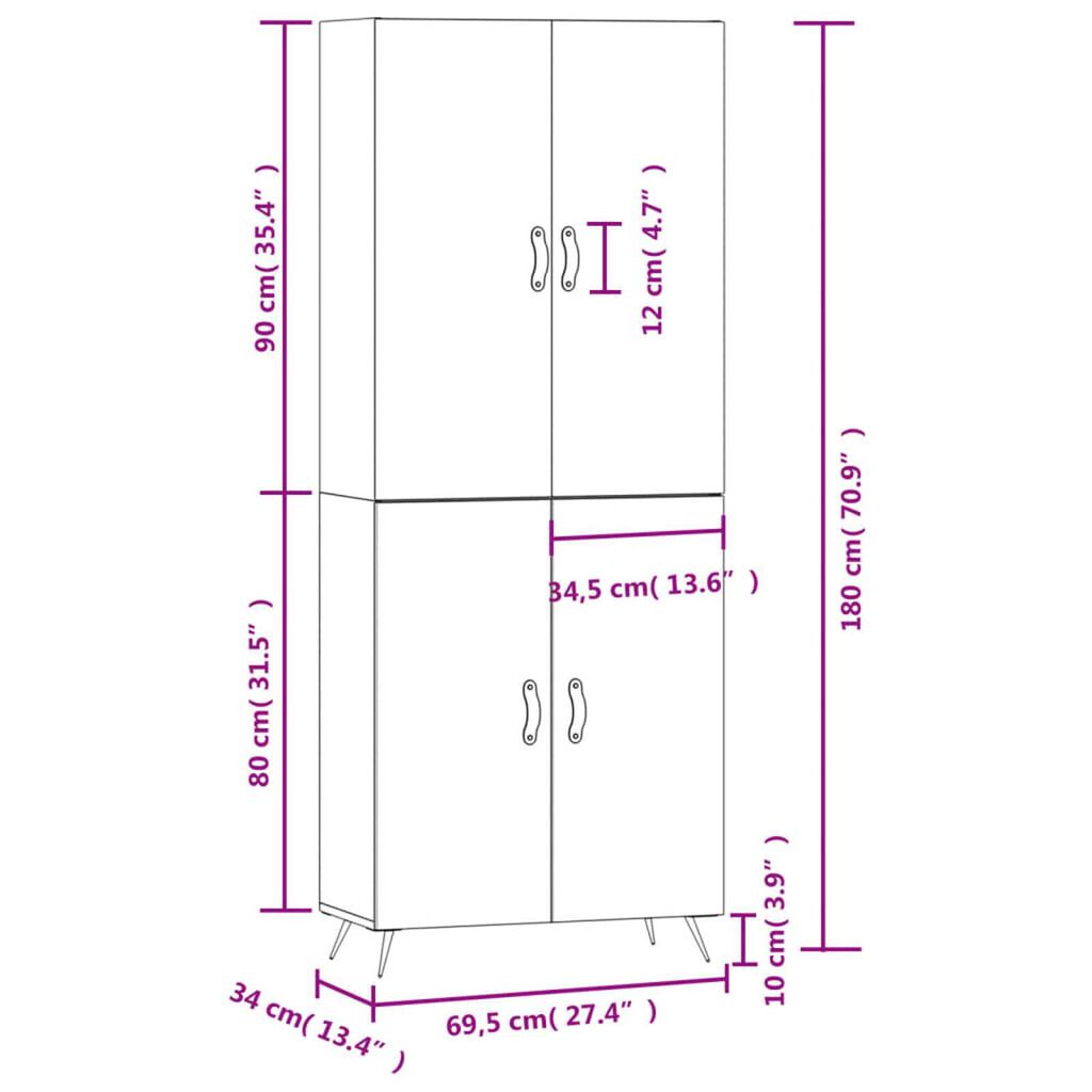 vidaXL Ντουλάπι Γυαλιστερό Λευκό 69,5x34x180 εκ. Επεξεργασμένο Ξύλο