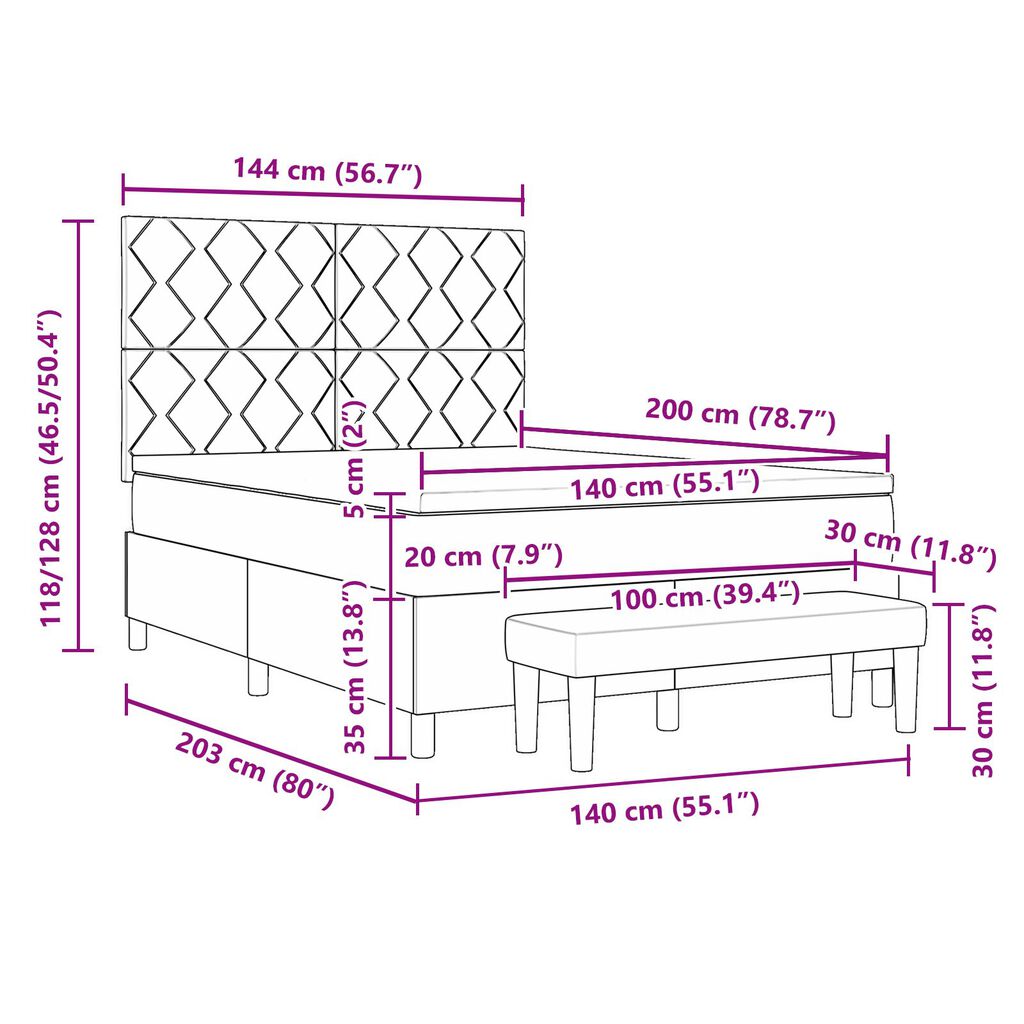 vidaXL Box Spring Κρεβάτι με Στρώμα & Παγκάκι Σκούρο Γκρι 140x200 cm Ύφασμα