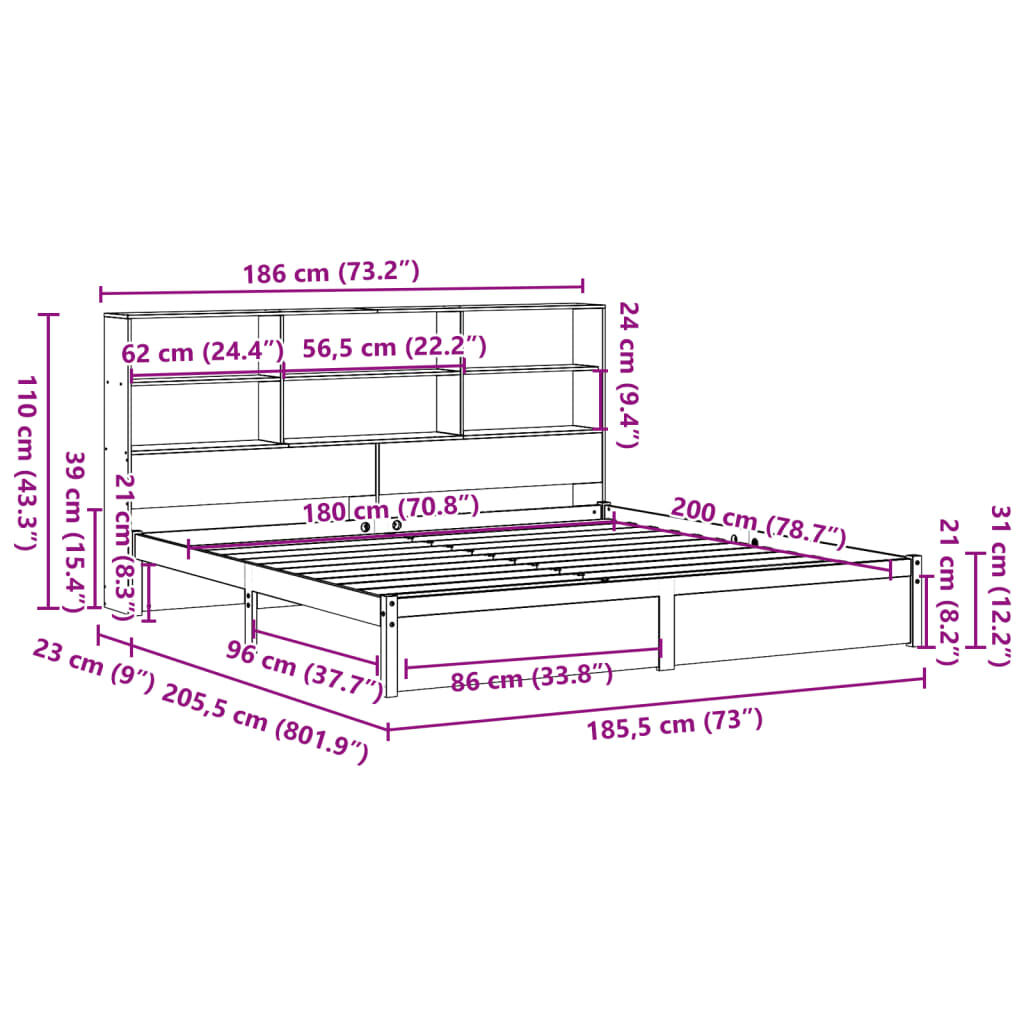 vidaXL Κρεβάτι Βιβλιοθήκη Χωρίς Στρώμα 180x200 εκ Μασίφ Ξύλο Πεύκου