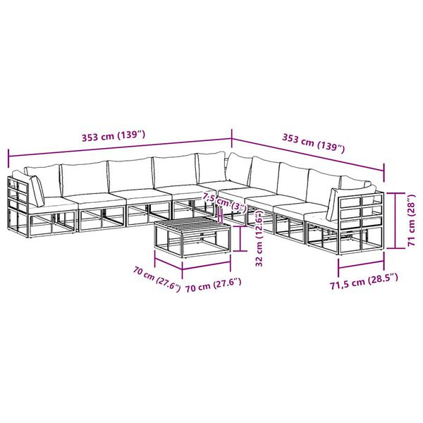 vidaXL Σετ Καναπέ Κήπου με μαξιλάρι 10 pcs Μαύρο Αλουμίνιο