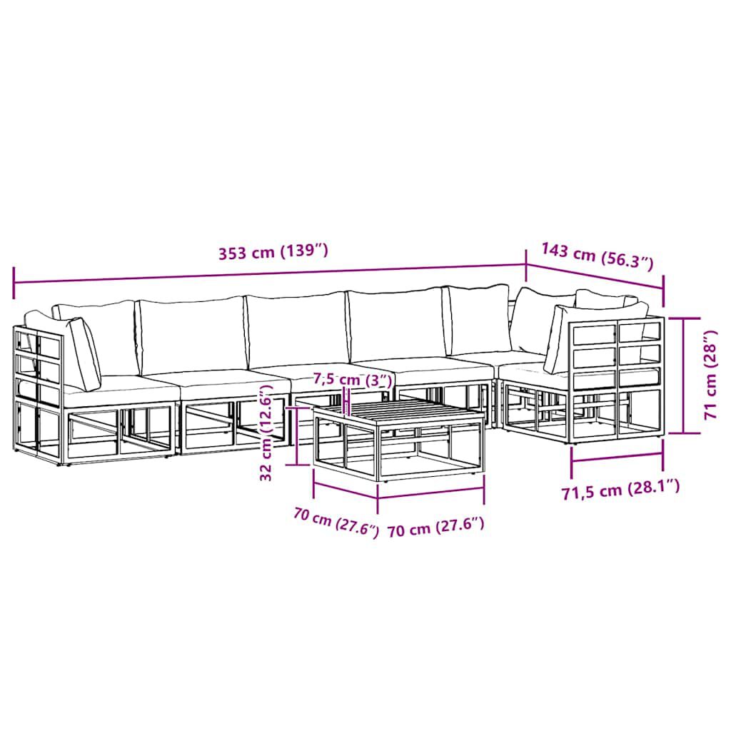 vidaXL Σετ Καναπέ Κήπου με μαξιλάρι 7 pcs Μαύρο Αλουμίνιο