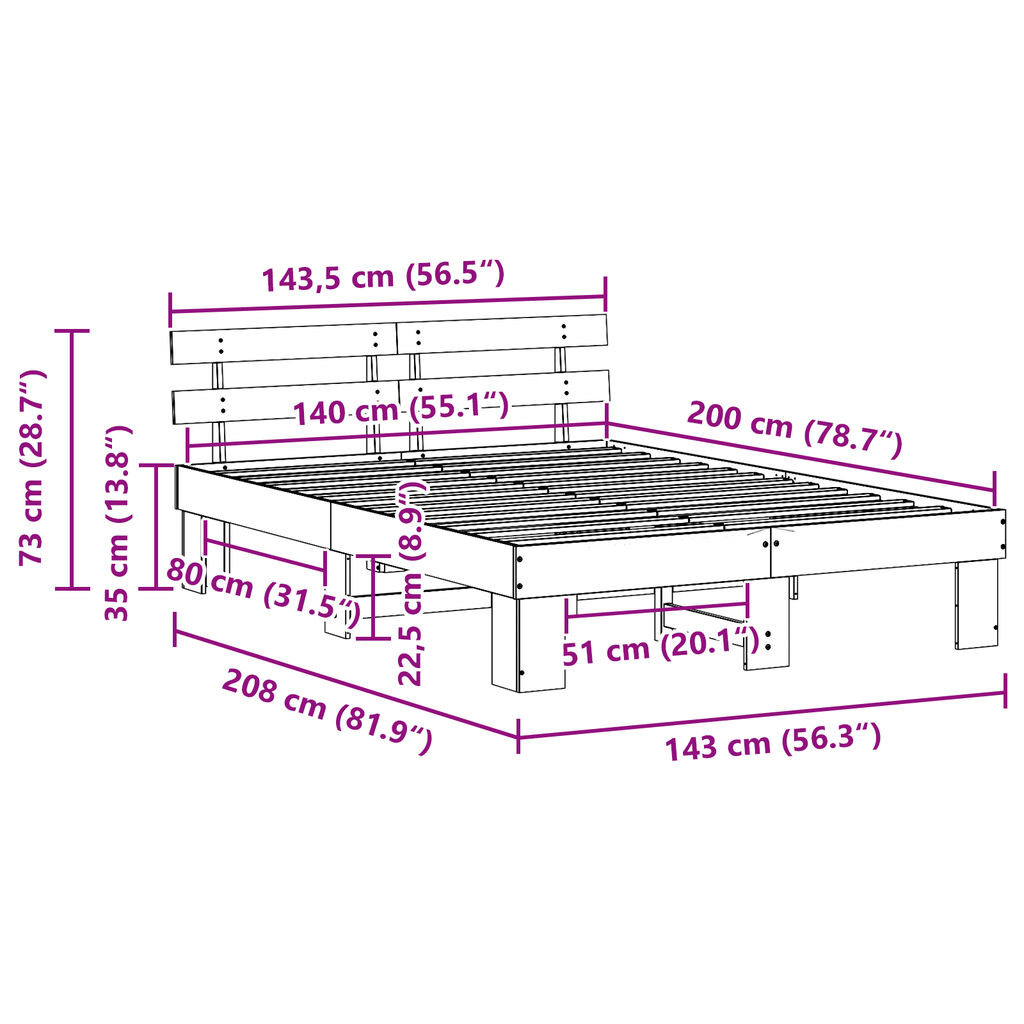 vidaXL Σκελετός Κρεβατιού Καφέ 140 x 200 cm Μασίφ ξύλο πεύκου