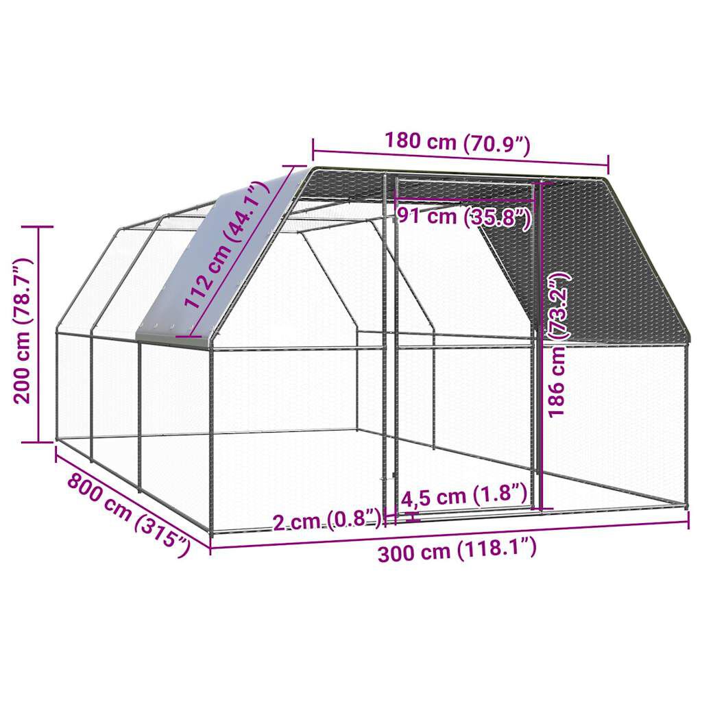 vidaXL Κοτέτσι - Κλουβί 3x8x2 μ. από Γαλβανισμένο Χάλυβα