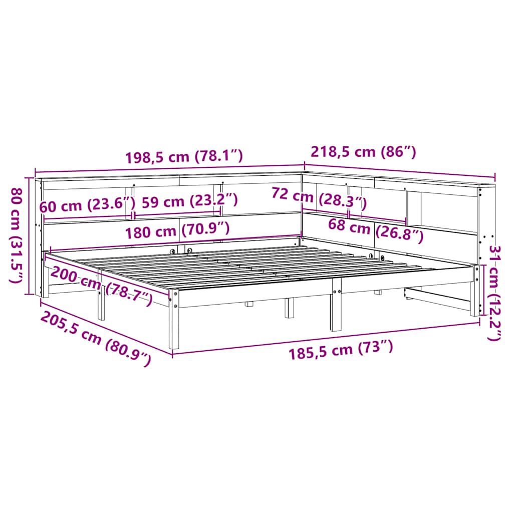 vidaXL Κρεβάτι Βιβλιοθήκη Χωρίς Στρώμα 180x200 εκ Μασίφ Ξύλο Πεύκου