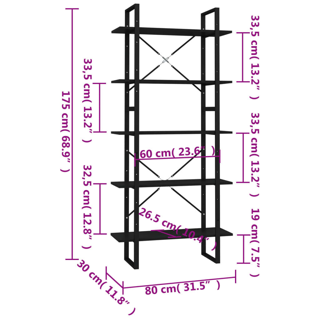 vidaXL Βιβλιοθήκη με 5 Ράφια Μαύρη 80 x 30 x 175 εκ. από Επεξ. Ξύλο