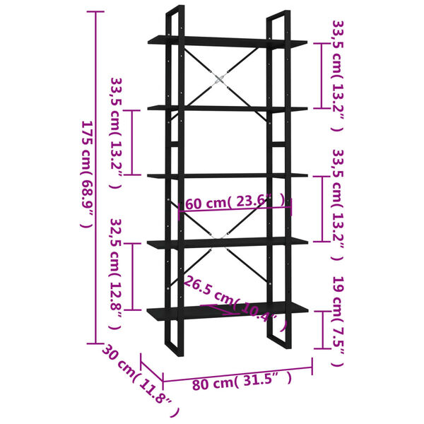 vidaXL Βιβλιοθήκη με 5 Ράφια Μαύρη 80 x 30 x 175 εκ. από Επεξ. Ξύλο