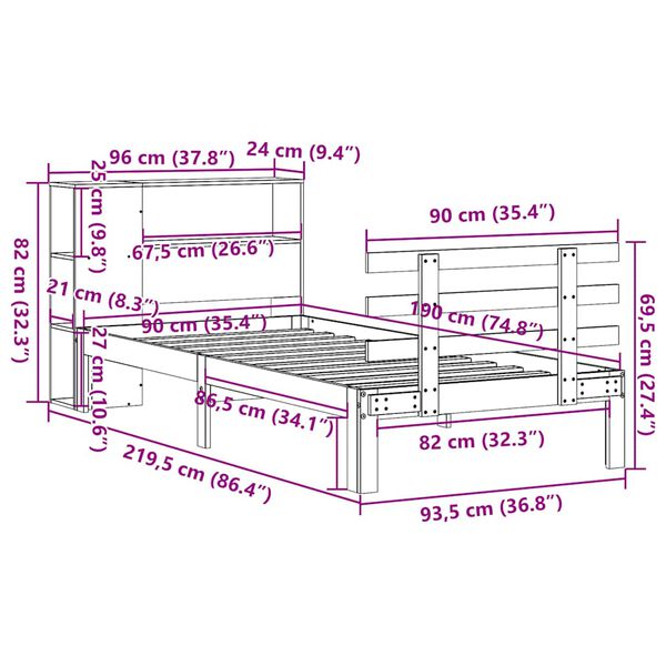 vidaXL Κρεβάτι Βιβλιοθήκη Χωρίς Στρώμα 90x190 εκ Μασίφ Ξύλο Πεύκου