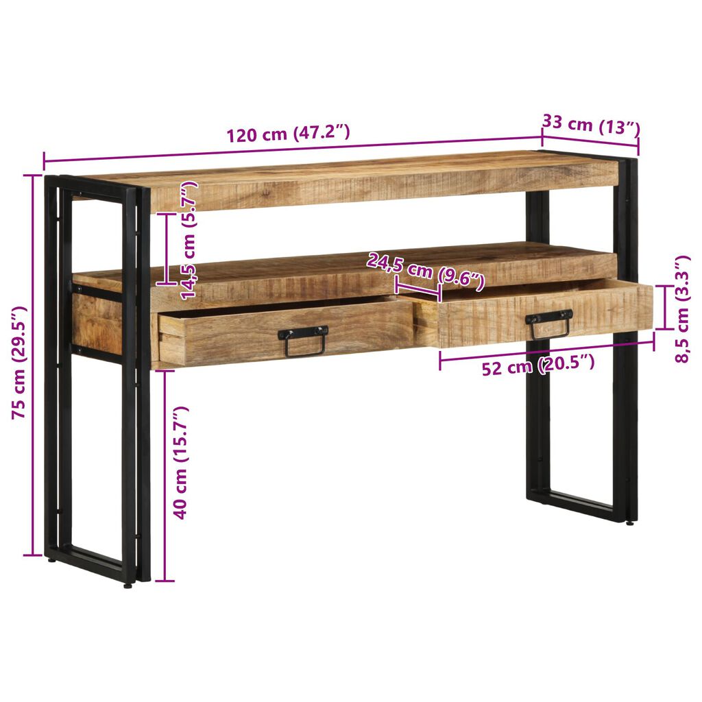 vidaXL Τραπέζια στο κομοδίνο Μαύρο 120x33x75 εκ Μασίφ ξύλο μάνγκο και μέταλλο