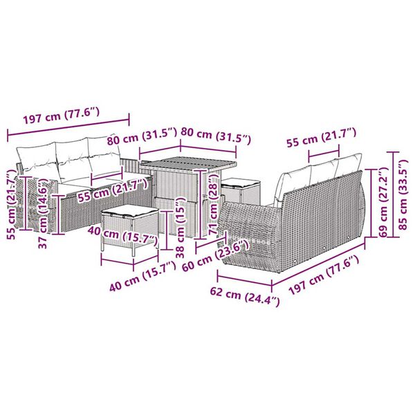 vidaXL Σετ Καναπέ Κήπου με μαξιλάρι 9 pcs Γκρι 80 x 80 x 71 cm