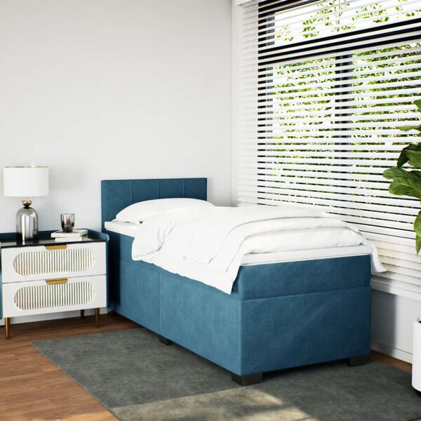 vidaXL Κρεβάτι Boxspring με Στρώμα Μπλε 90x190 εκ. Βελούδινο