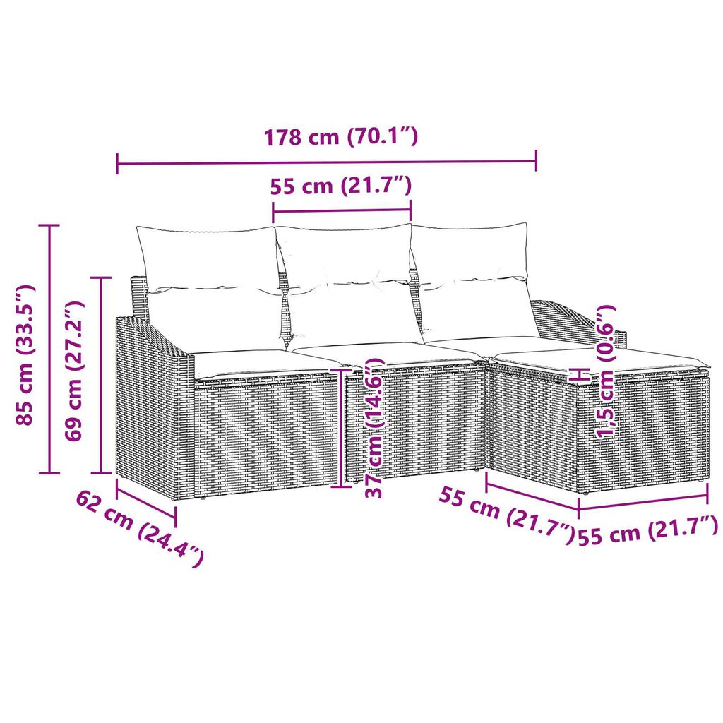 vidaXL Σετ Καναπέ Κήπου 4 pcs Καφέ Πολυ ράταν
